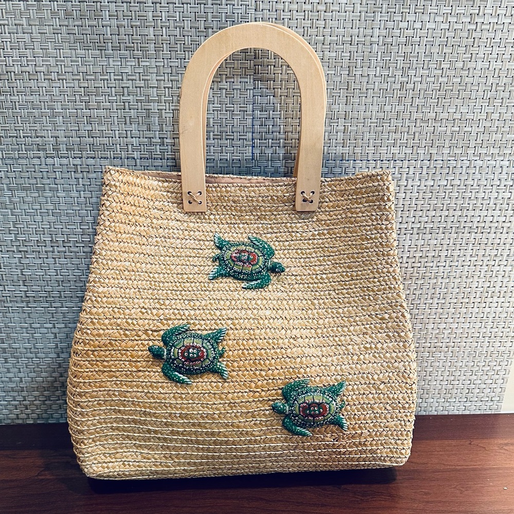 🌟3xHP🌟VTG 3D Turtles Natural Straw Wooden Top Handle Tote Handmade B Lerner